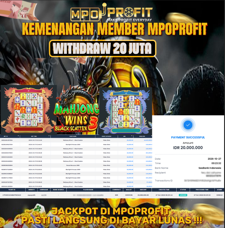 MPOPROFIT JACKPOT SLOT PRAGMATIC! KEMENANGAN MURNI DI (MAHJONG WINS 3 BLACK SACTTER TOTAL 20.000.000,- LUNAS)